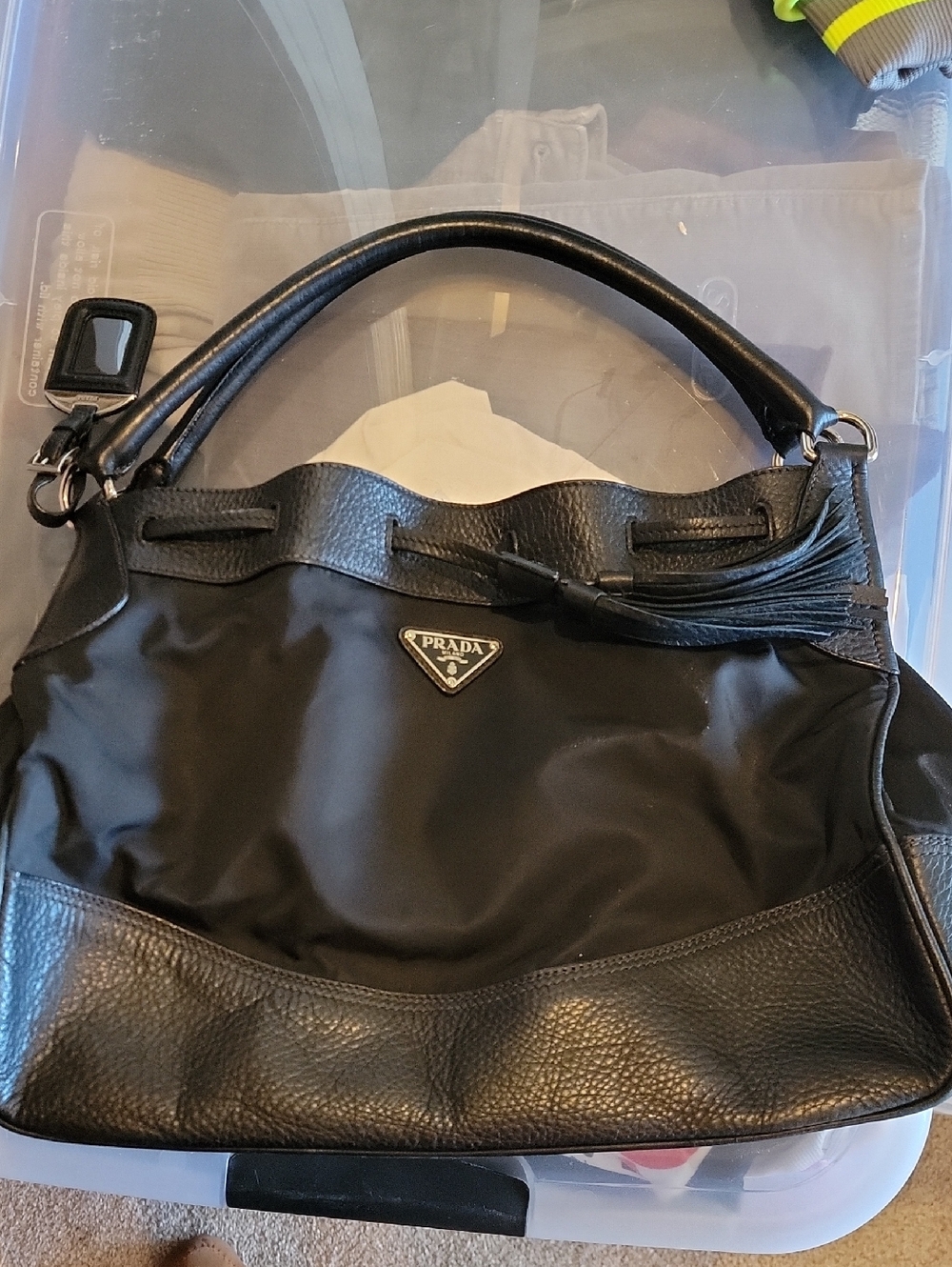 Prada Black Leather & Nylon Shoulder Bag with Tassel Accent